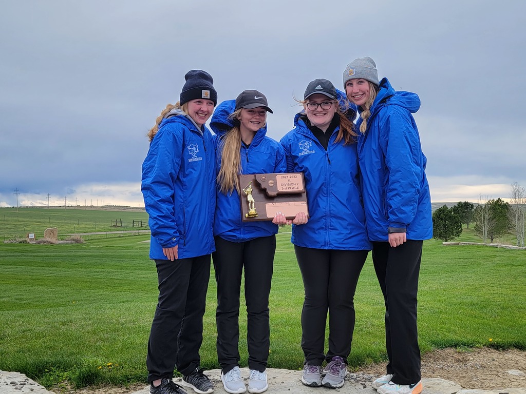 girl golf team with the 3rd place divisional trophy